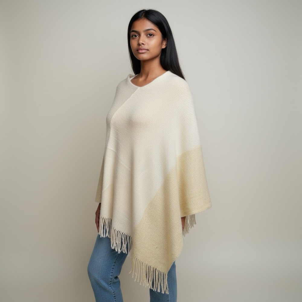 Chic Two-tone Cream Poncho with Fringe